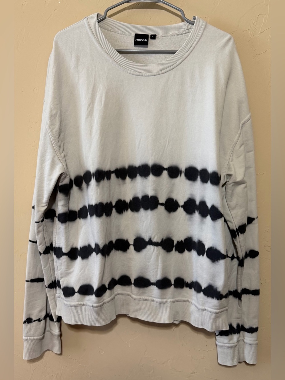 Mono B White Crewneck Sweatshirt with Black Tie-Dye Stripes